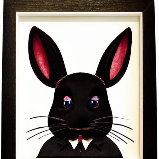 Image similar to A extremely highly detailed majestic hi-res beautiful, highly detailed head and shoulders portrait of a scary terrifying, horrifying, creepy black cartoon rabbit with a bowtie and scary big eyes, earing a shirt laughing, hey buddy, let's be friends, in the style of Walt Disney