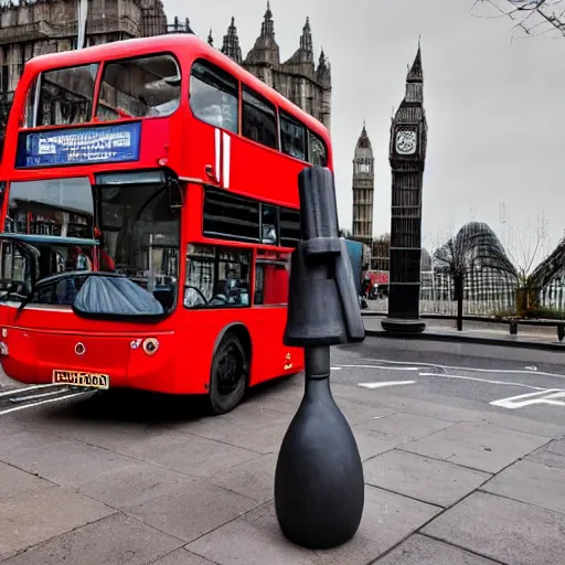 Image similar to a giant statue of a red plunger with a wooden shaft in the center of london. a london bus in the background.