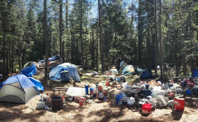 Image similar to a ladder next to a huge pile of beer cans and camping garbage camping tents and forest trees beautiful day