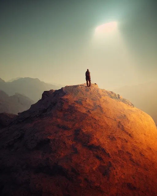 Image similar to a man standing in the middle of a mountain looking at a glowy shape, a render by filip hodas, behance contest winner, environmental art, rendered in cinema 4 d, volumetric lighting