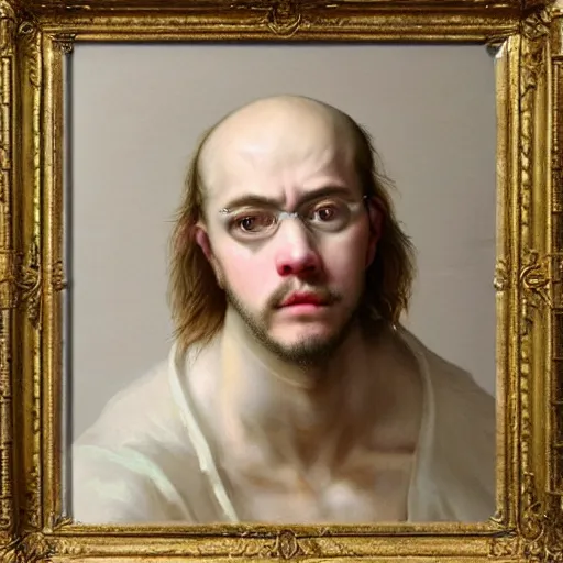 Image similar to A 17th century Baroque Painting of Maxmoefoe, grainy, realistic, hyperrealistic, very realistic, very very realistic, highly detailed, very detailed, extremely detailed, detailed, digital art, trending on artstation, detailed face, very detailed face, very detailed face, realism, HD Quality, 8k resolution, intricate details, body and head in frame, painting, oil painting, trending on deviantart, Baroque Painting