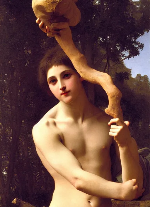 Image similar to a young man holding the head of a monster, climbing a hill in front of a crowd, extremely realistic and highly detailed painting by william - adolphe bouguereau and caravaggio, soft light, gold ratio