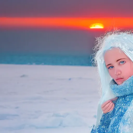 Image similar to ice dust around a frozen girl with white hair and blue eyes on the seashore, In detail, sunset