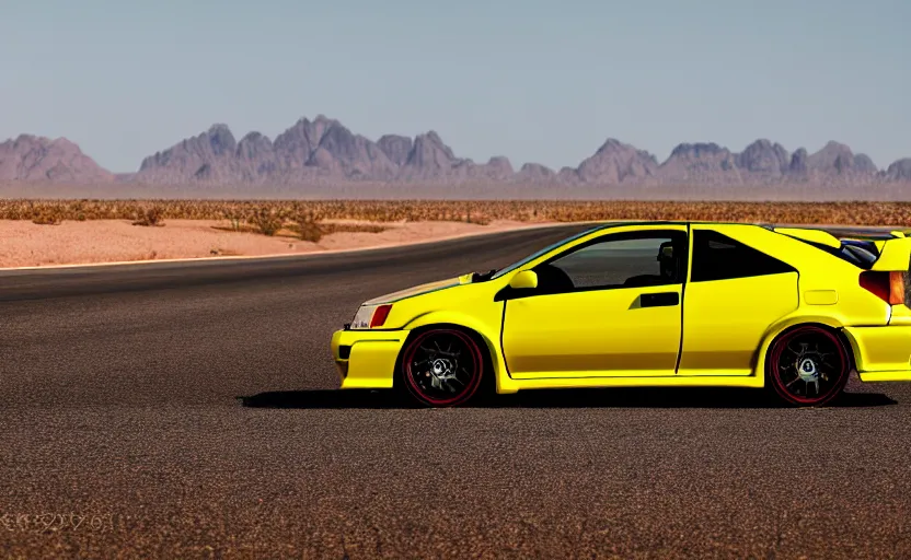 Image similar to photograph of a cell-shaded yellow Honda Civic EK9 Type-R, on a desert road with a futuristic city in the horizon, kicking up dirt, sigma 85mm f/1.4, 4k, depth of field, high resolution, 4k, 8k, hd, full color