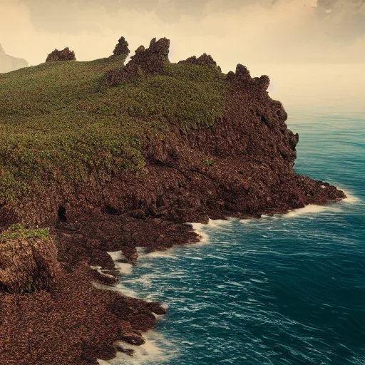 Prompt: a coastline that is rugged and rocky, with many small islands dotting the sea, 3 d octane render, artstation, andrew krivulya