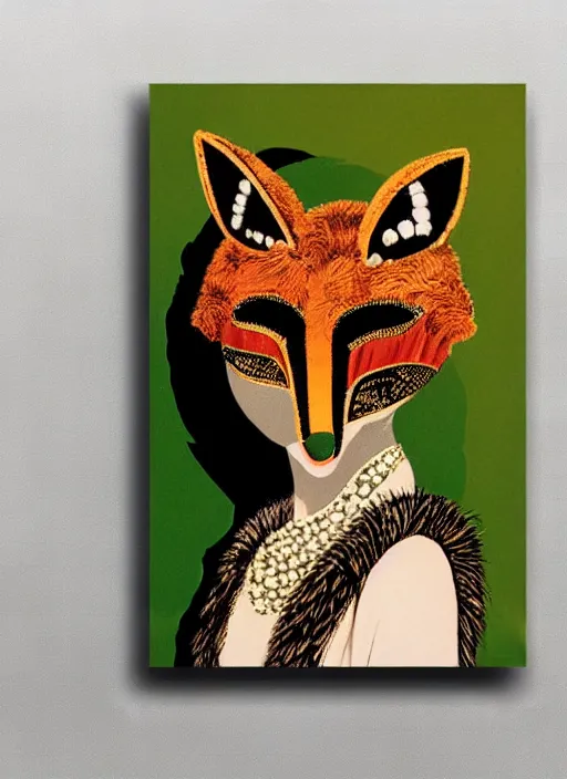 Prompt: an extreme close - up low angle portrait of the young extravagantly dressed queen in a fox mask in a scenic representation of mother nature and the meaning of life by billy childish, thick visible brush strokes, shadowy landscape painting in the background by beal gifford, vintage postcard illustration, minimalist cover art by mitchell hooks