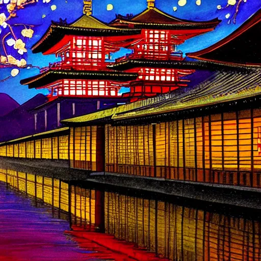 Prompt: a beautiful painting of the lantern festival in old kyoto