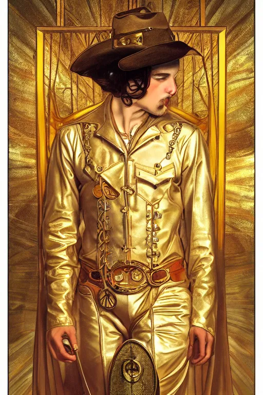 Prompt: a dramatic ethereal epic symmetrical painting of a handsome cowboy in a gold outfit | tarot card, art deco, art nouveau, (steampunk), homoerotic, highly detailed | by Mark Maggiori ((((by Alphonse Mucha)))) (((by Greg Rutkoswski))), | trending on artstation