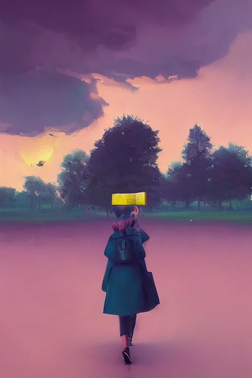 Prompt: a girl walking in park with book in her hand, surreal photography, sunrise, dramatic light, impressionist painting, colorful clouds, digital painting, artstation, simon stalenhag