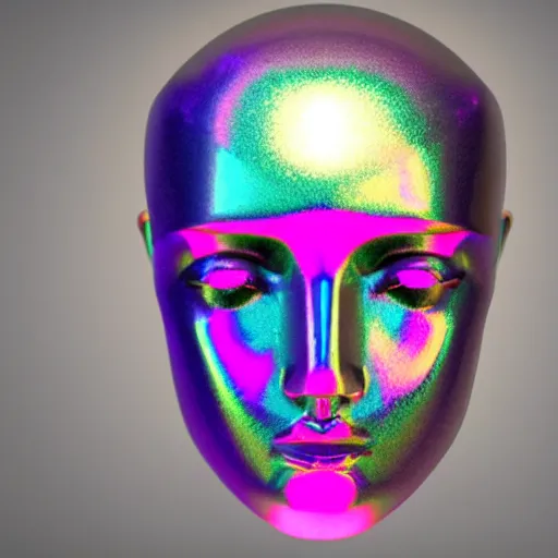 Image similar to 3d render of holographic human robotic head made of glossy iridescent, surrealistic 3d illustration of a human face non-binary, non binary model, 3d model human, cryengine, made of holographic texture, holographic material, holographic rainbow, concept of cyborg and artificial intelligence