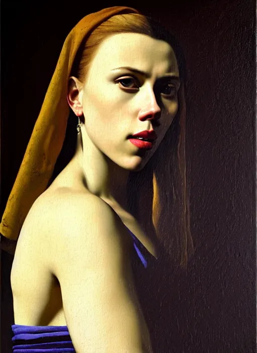 Image similar to portrait of scarlett johansson, oil painting by johannes vermeer, 1 7 th century, art, oil on canvas, wet - on - wet technique, realistic, expressive emotions, intricate textures, illusionistic detail