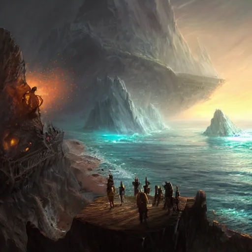 Image similar to D&D adventuring party facing away on cliff overlooking shipwreck, naval background, portrait, magic the gathering artwork, D&D, fantasy, cinematic lighting, centered, symmetrical, highly detailed, digital painting, artstation, concept art, smooth, sharp focus, illustration, volumetric lighting, epic Composition, 8k, art by Akihiko Yoshida and Greg Rutkowski and Craig Mullins, oil painting, cgsociety