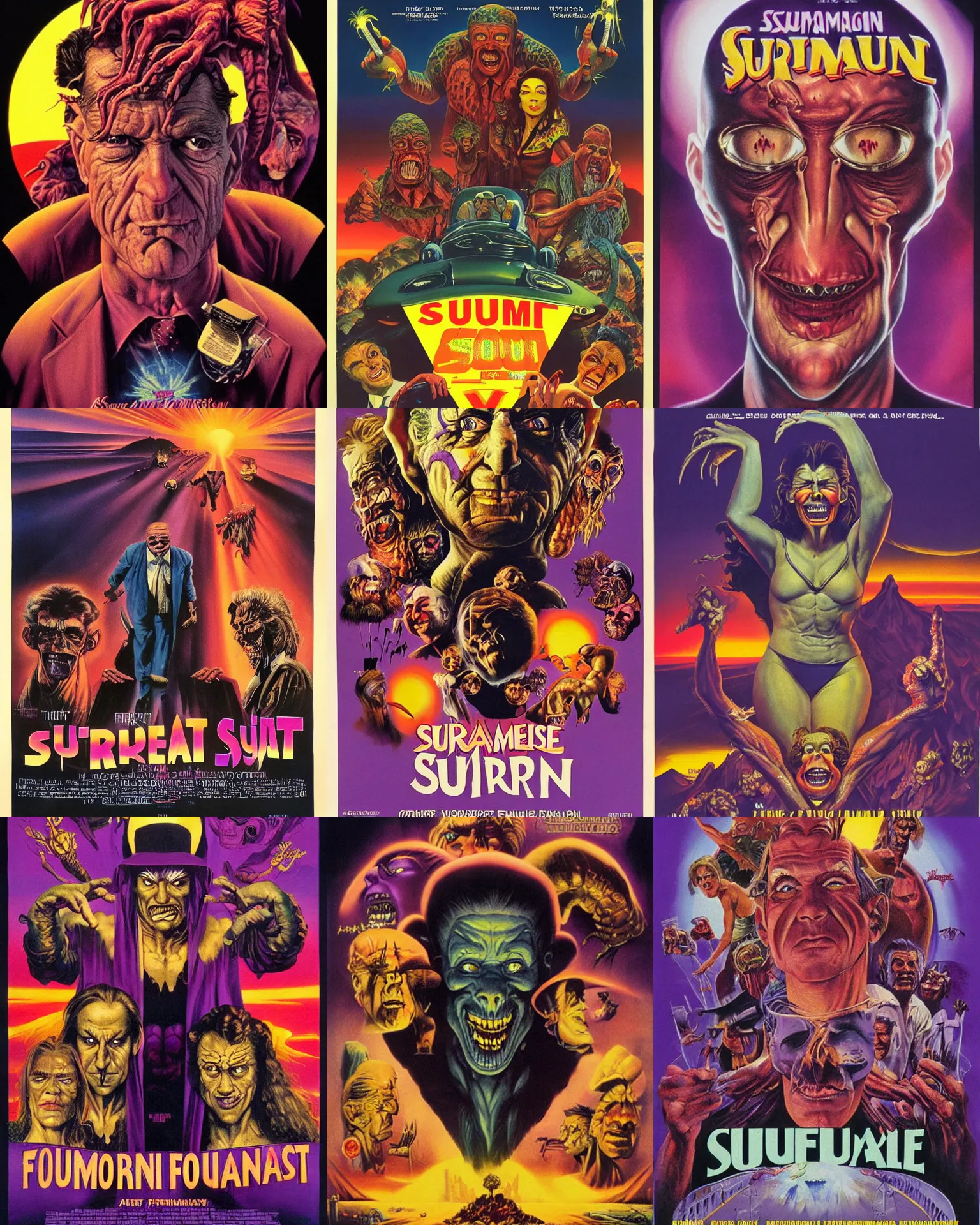 Prompt: movie poster for'serum formula sunrise'( 1 9 8 9 ) ( hyperreal detailed facial features and uv lighting, art by ed roth, frank frazetta, glenn fabry and basil wolverton, purple accents directed by david cronenberg )