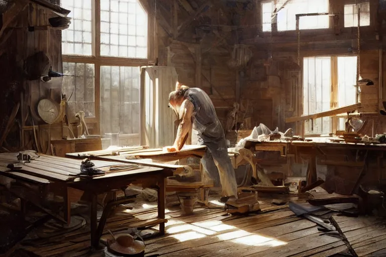 Image similar to simple craftsman fine woodworker building a wooden table in their well lit clean open workshop, art by anders zorn, wonderful masterpiece by greg rutkowski, beautiful cinematic light, american romanticism thomas lawrence, greg rutkowski