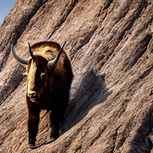 Prompt: national geographic high-depth photograph of a yak climbing head-shaped mountain in Mongolia