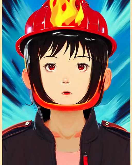 Prompt: fireman, fire helmet, flames background | | very very anime!!!, fine - face, audrey plaza, realistic shaded perfect face, fine details. anime. realistic shaded lighting poster by ilya kuvshinov katsuhiro otomo ghost - in - the - shell, magali villeneuve, artgerm, jeremy lipkin and michael garmash and rob rey