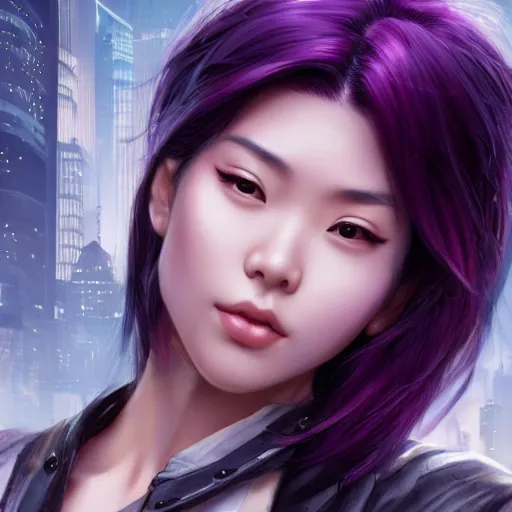 Image similar to photo of a gorgeous asian female with long dark purple hair in the style of stefan kostic, realistic, cyberpunk, body shot, sharp focus, 8 k high definition, insanely detailed, intricate, elegant, art by stanley lau and artgerm, floating embers