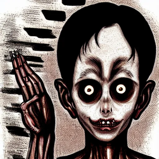 Image similar to a dark brown humanoid, hyper detailed, in the style of junji ito and and junji ito and junji ito, selfie