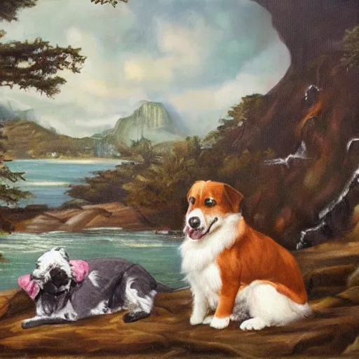 Prompt: two dogs are sitting on the a rock and looking at the bay, waterfall and fight of godzillas, oil painting, high detailed