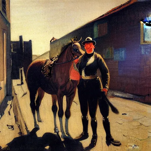 Prompt: painting of a man on a horse in a Dublin alleyway, painted by George Bellows, 1905