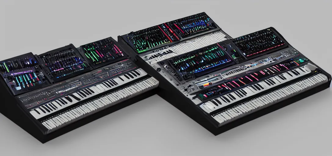 Prompt: a synthesizer in cassette futurism, added modeled around the keyboard, tactile buttons and lights, a large patch bay with hanging colored patch leads, surrounded by speakers and cabinets, roland, moog hd, 8 k, artstation, ultra detailed, high definition