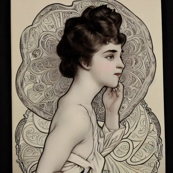 Image similar to a highly detailed beautiful portrait in the style of charles dana gibson and in the style of alphonse mucha.