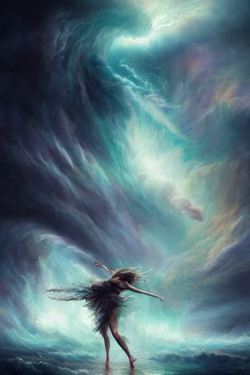 Prompt: a fractal dancer in a tornado emerges from a stormy sea by artgem and greg rutkowski, highly detailed, vivid colors, trippy, nebula, trending on artstation