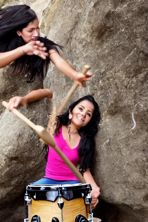 Image similar to Latina girl with long black hair playing drums on the side of a cliff