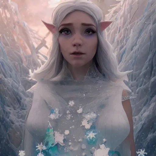 Prompt: a fantasy elf woman trapped and frozen trying to get out of a block of clear ice, with frozen flowers around her, treding artstation, greg rutkowski, cinema 4 d, cinematographic