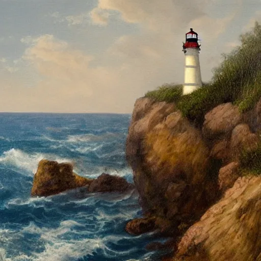 Prompt: painting of a lighthouse on the edge of a cliff overseeing a vast ocean, complex, detailed