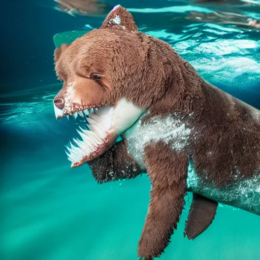 Prompt: photo of teddy bear being eaten by shark underwater