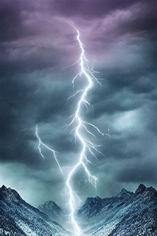 Image similar to digital matte fantasy dreamy mountain scape dark tones snow, lightning, storm, 8 k by alex grey