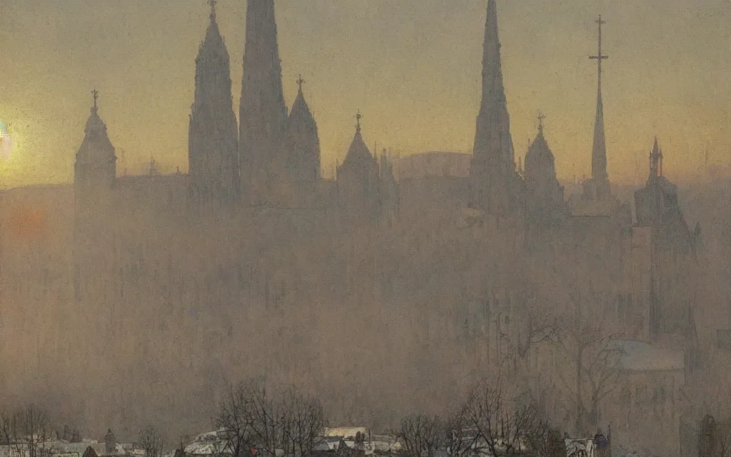 Prompt: a painting of large airship over a city church in winter, pale sun, mist, oil on canvas, by carl larsson