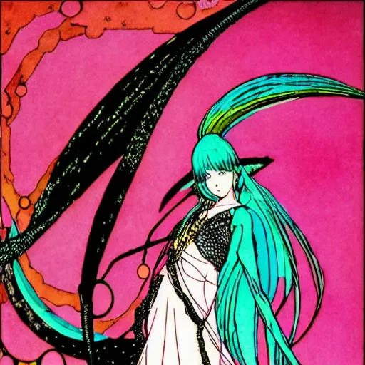 Image similar to Hatsune miku by Harry Clarke, anime style