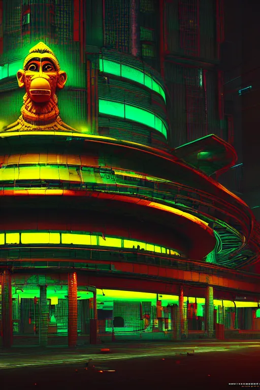 Image similar to high quality 3 d render cyberpunk brutalist hanuman head building, neon yellow madhubani, highly detailed, in sci - fi mumbai, unreal engine cinematic smooth, liam wong, moody light, low angle, uhd 8 k, sharp focus