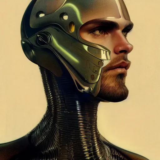 Image similar to portrait of bearded android, coy, circuitry visible in head, in the style of ex machina, karol bak, alphonse mucha, greg rutkowski, award winning, hr giger, artstation