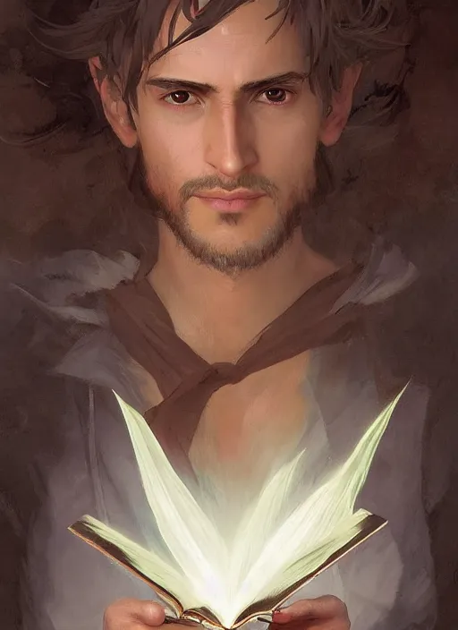 Prompt: character concept portrait of an attractive young Spanish wizard with tan skin conjuring a wind spell, a floating iridescent spell book in the center, intricate, elegant, digital painting, concept art, smooth, sharp focus, illustration, from Metal Gear, by Ruan Jia and Mandy Jurgens and William-Adolphe Bouguereau, Artgerm