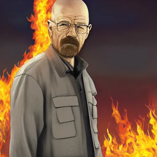 Image similar to walter white standing in front of a building on fire, highly detailed, 4 k