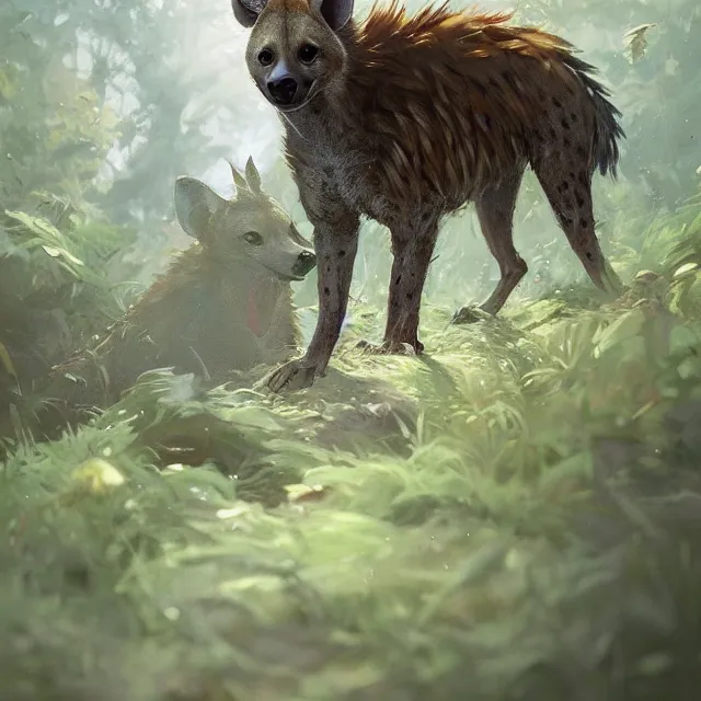 Prompt: a beautiful painting of a cute brown hyena in a forest. disney character design by cory loftis, fenghua zhong, ryohei hase, ismail inceoglu and ruan jia. artstation, volumetric light, detailed, photorealistic, rendered in octane