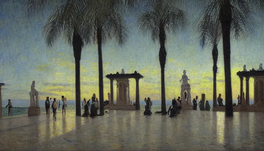 Image similar to a ultradetailed beautiful painting of the night sky of the amazonas palace balustrade designed by jules bastien - lepage, tarsila do amaral, frank weston and gustave baumann, beach, trending on artstation, mediterranean, palm trees, sharp focus, giant columns, soft light, 8 k 4 k