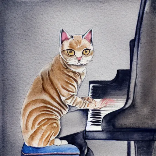 Image similar to grey british shorthair cat sitting on piano keys with musical notes in the background ultra detailed watercolor and color pencil painting 4 k