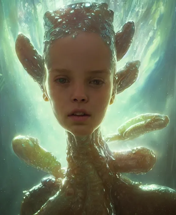 Prompt: portrait of a wet slimy alien fungus creature, adorable, childlike, milky way environment, ultra realistic, concept art, psychedelic, photorealistic, octane render, 8 k, unreal engine. art by christopher marley and artgerm and greg rutkowski and alphonse mucha