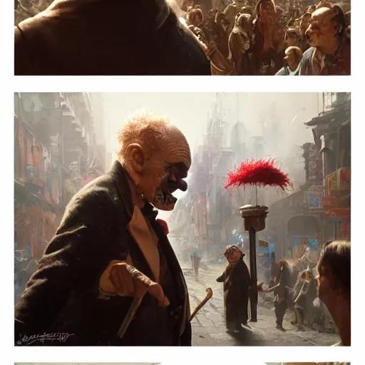 Image similar to a vicious clown with a detailed face at a crowded urban street making an offer you cant refuse, fantasy oil, greg rutkowski, higly detailed, 4 k