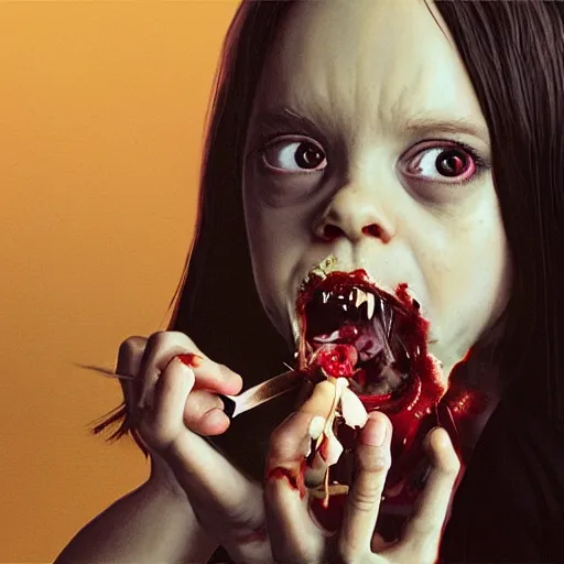 Prompt: young zombie christina ricci eating a clove of garlic, art by beeple