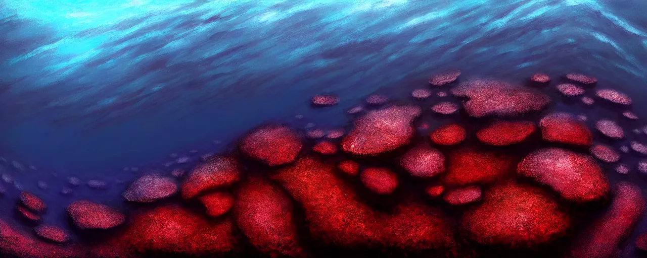 Image similar to A gorgeous detailed oil of a dark red sea covered in big blue steep rocks, a school of piranhas underwater, the further away the mistier it gets, surreal, concept art, dark aesthetic, atmospheric, moody, hyperrealism, highly detailed, masterpiece, award winning, 4k, unreal engine