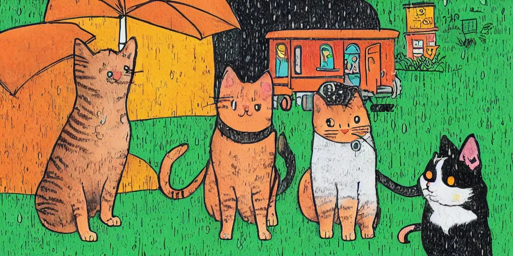 Image similar to a black dog and an orange tabby kitten standing in the rain by richard scarry