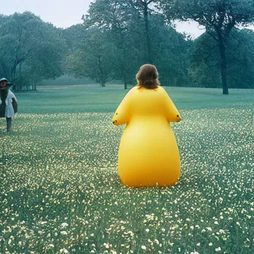 Prompt: an ample woman dressed as a squishy inflatable toy, smiley passersby, in a meadow, film still, terrence malick, 1973 technicolor