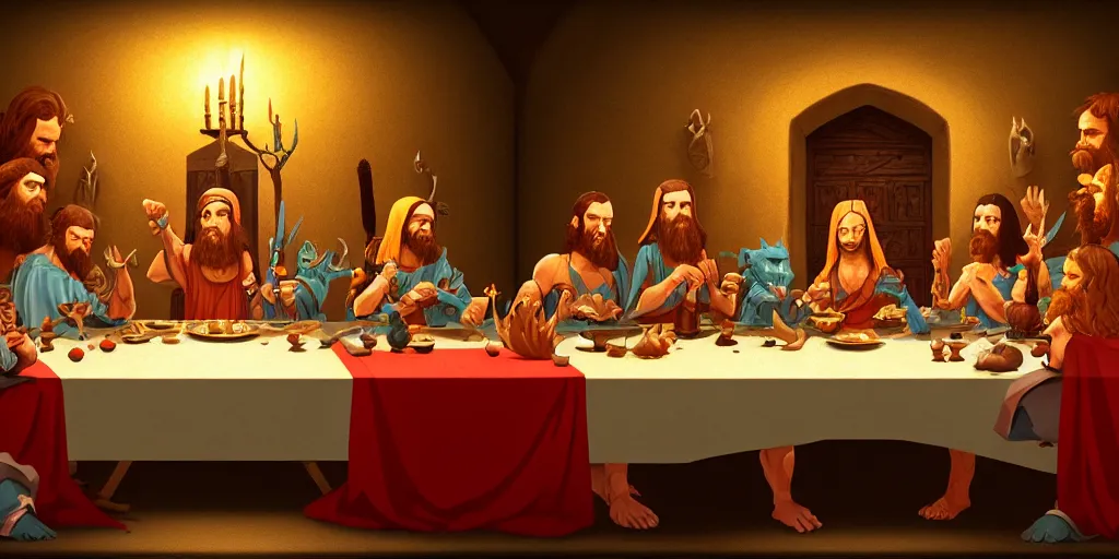 Image similar to dungeon and dragons last supper by wes anderson, digital painting, trending on artstation, sharp focus, 4 k