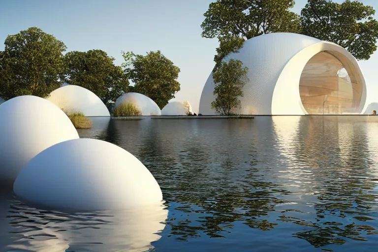 Image similar to a building formed by the combination of many white spherical and egg shaped circular spaces. on the calm lake, people's perspective modern curved architecture, future, wood, marble, metal award winning, highly detailed 4 k art, dusk, unreal engine highly rendered, global illumination, radial light, internal environment by kazuyo sejima