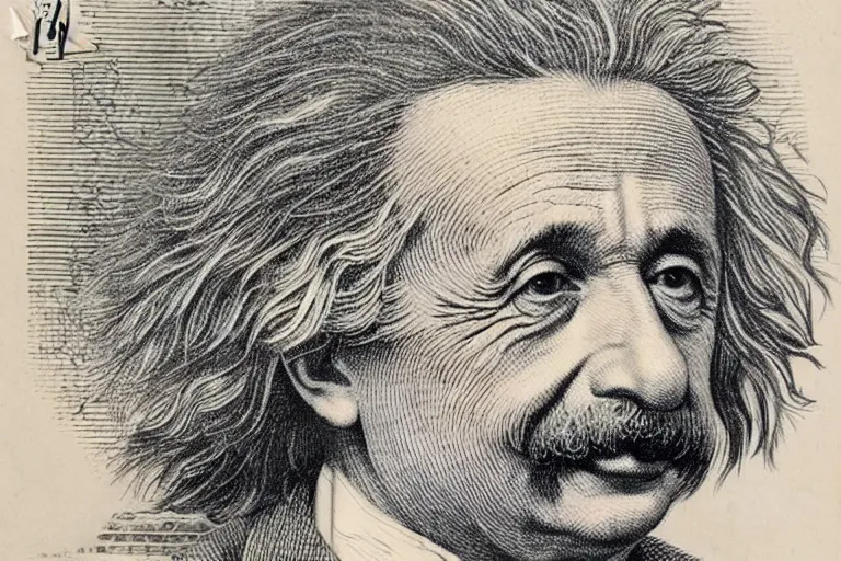 Prompt: an engraved portrait of albert einstein, detailed!!! copper - plate engraving in the style of money bills, fine!!! lines, engraved by alfred sealey, bureau of engraving and printing